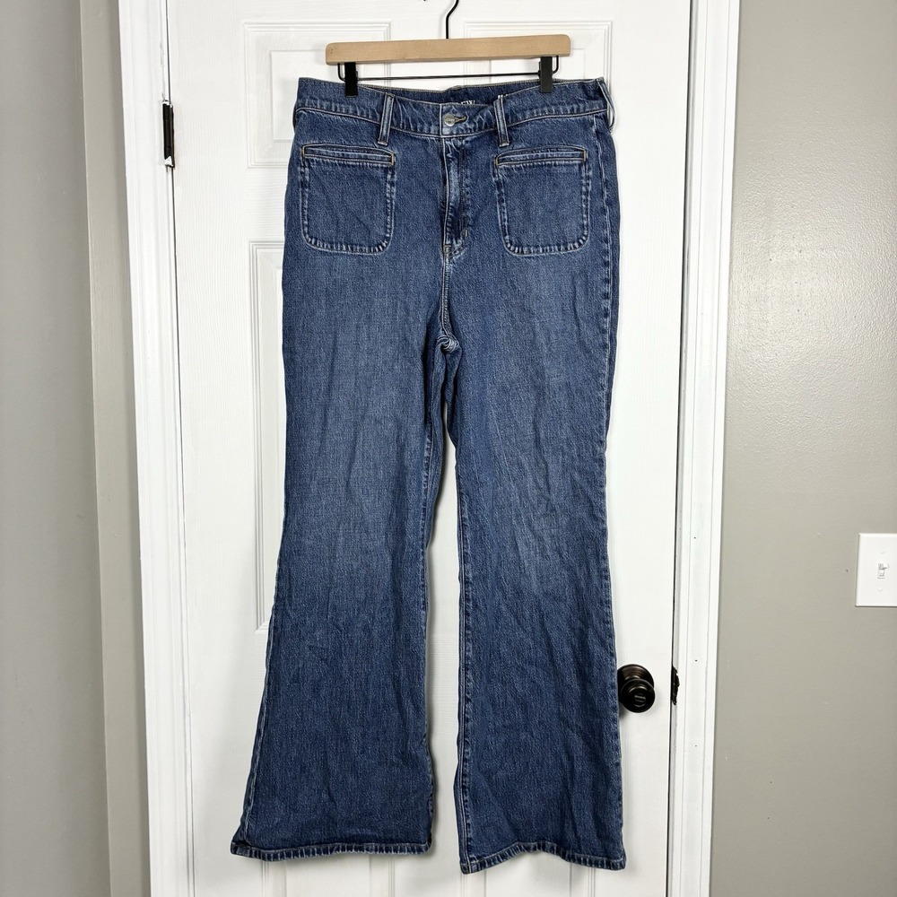J. Crew 96 Flare High Rise Patch Pocket Blue Denim Jeans Womens 33